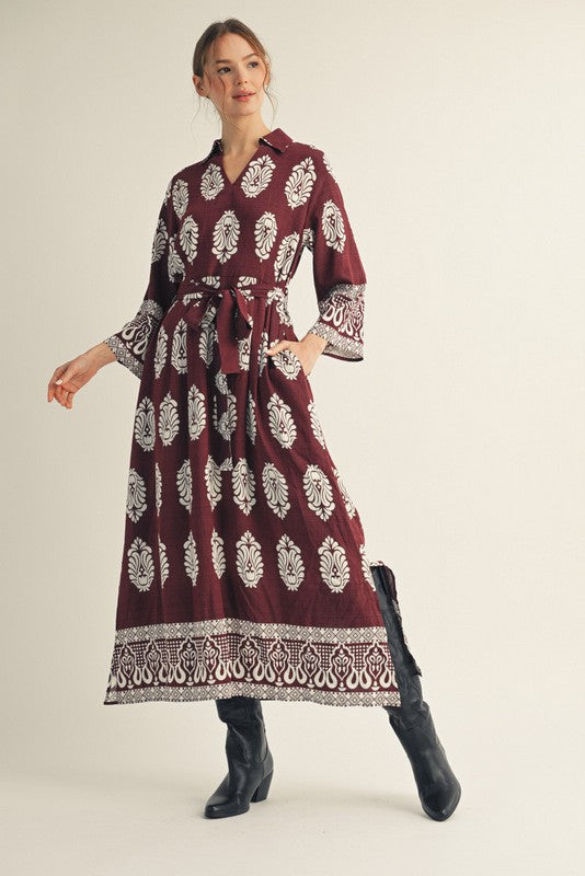 The Damask Wrap Waist Tie Midi Dress