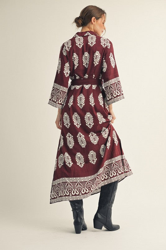 The Damask Wrap Waist Tie Midi Dress