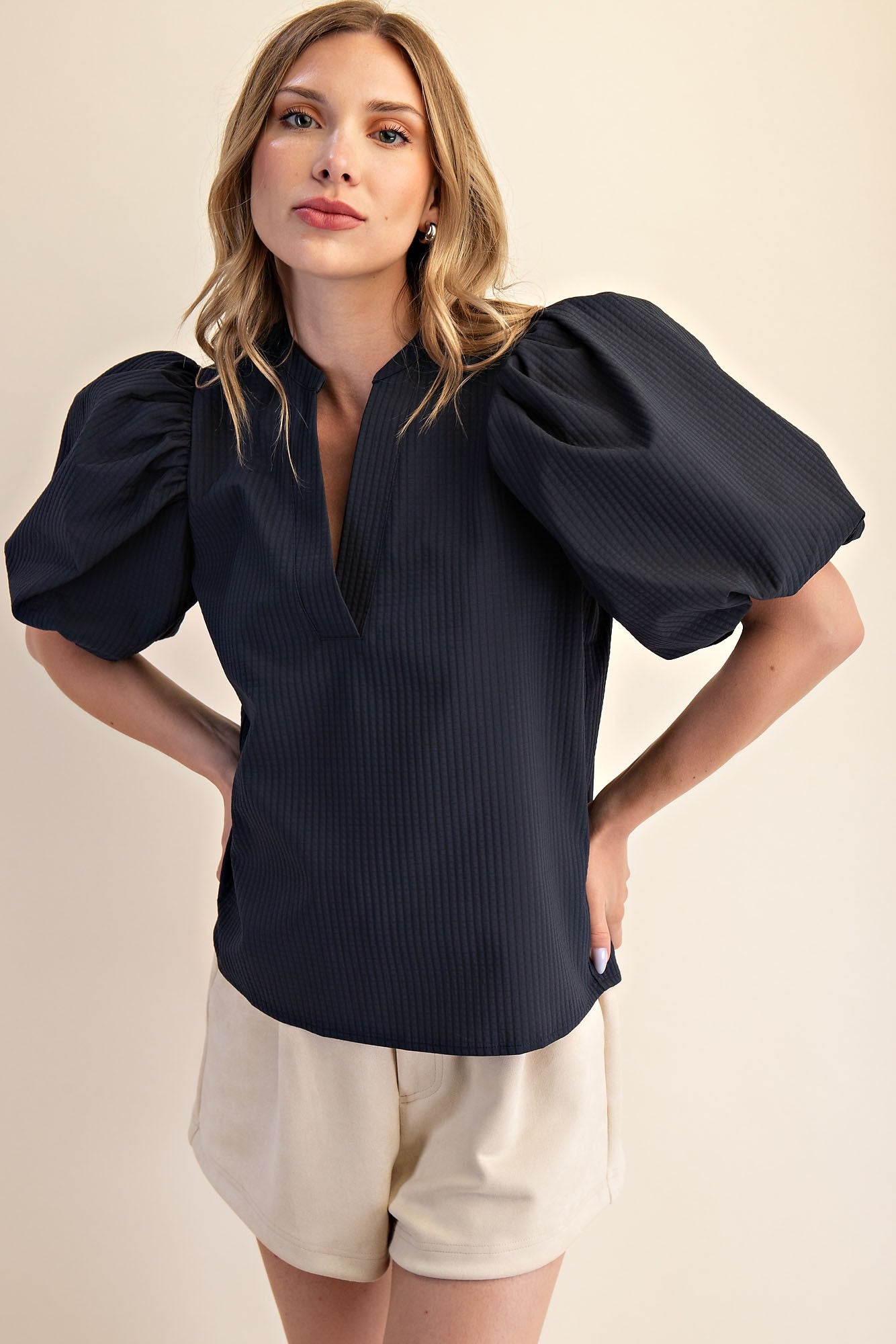 Navy Noted Puff Sleeve Top