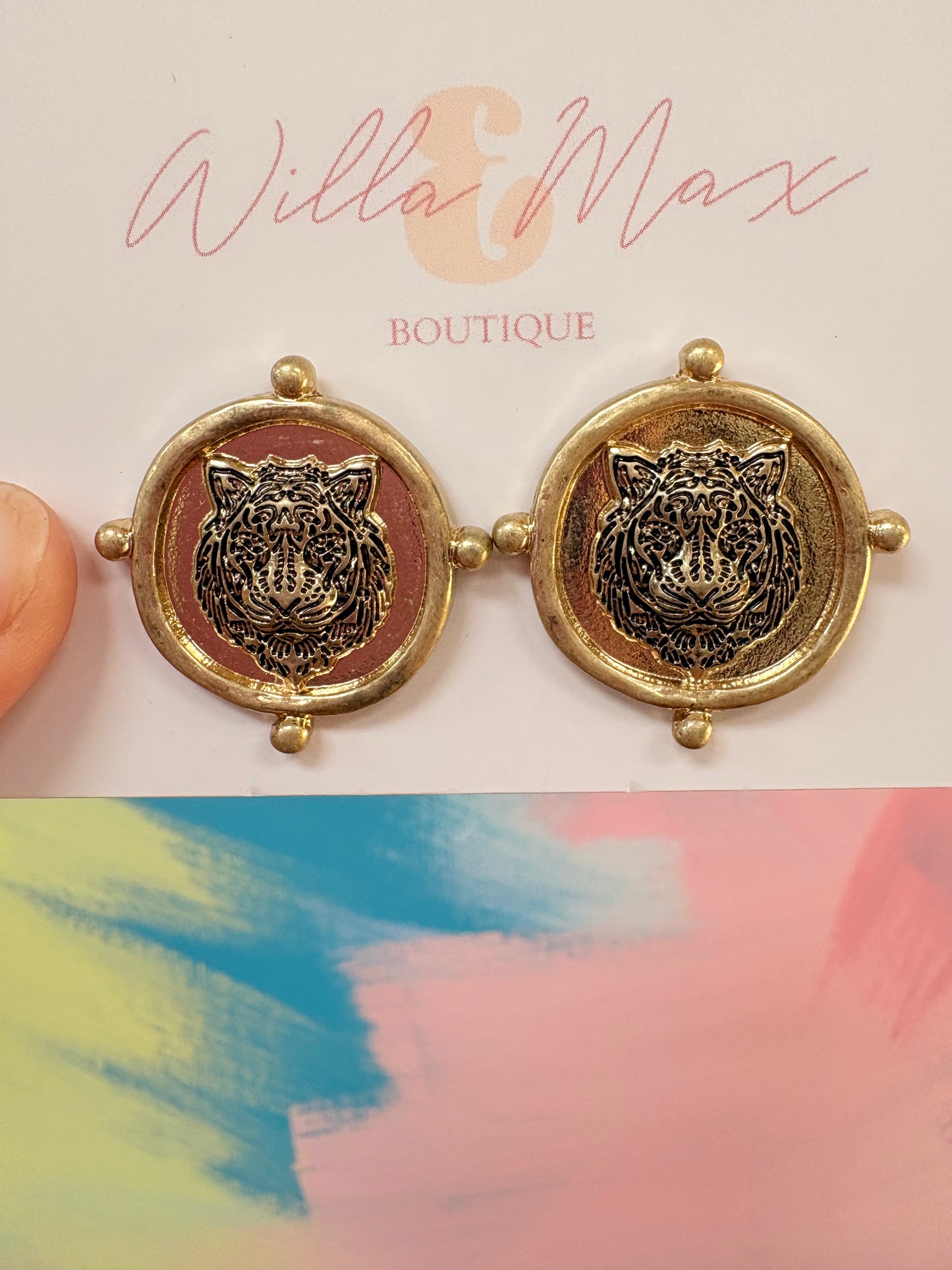 Tiger Face Hammered Coin Earrings