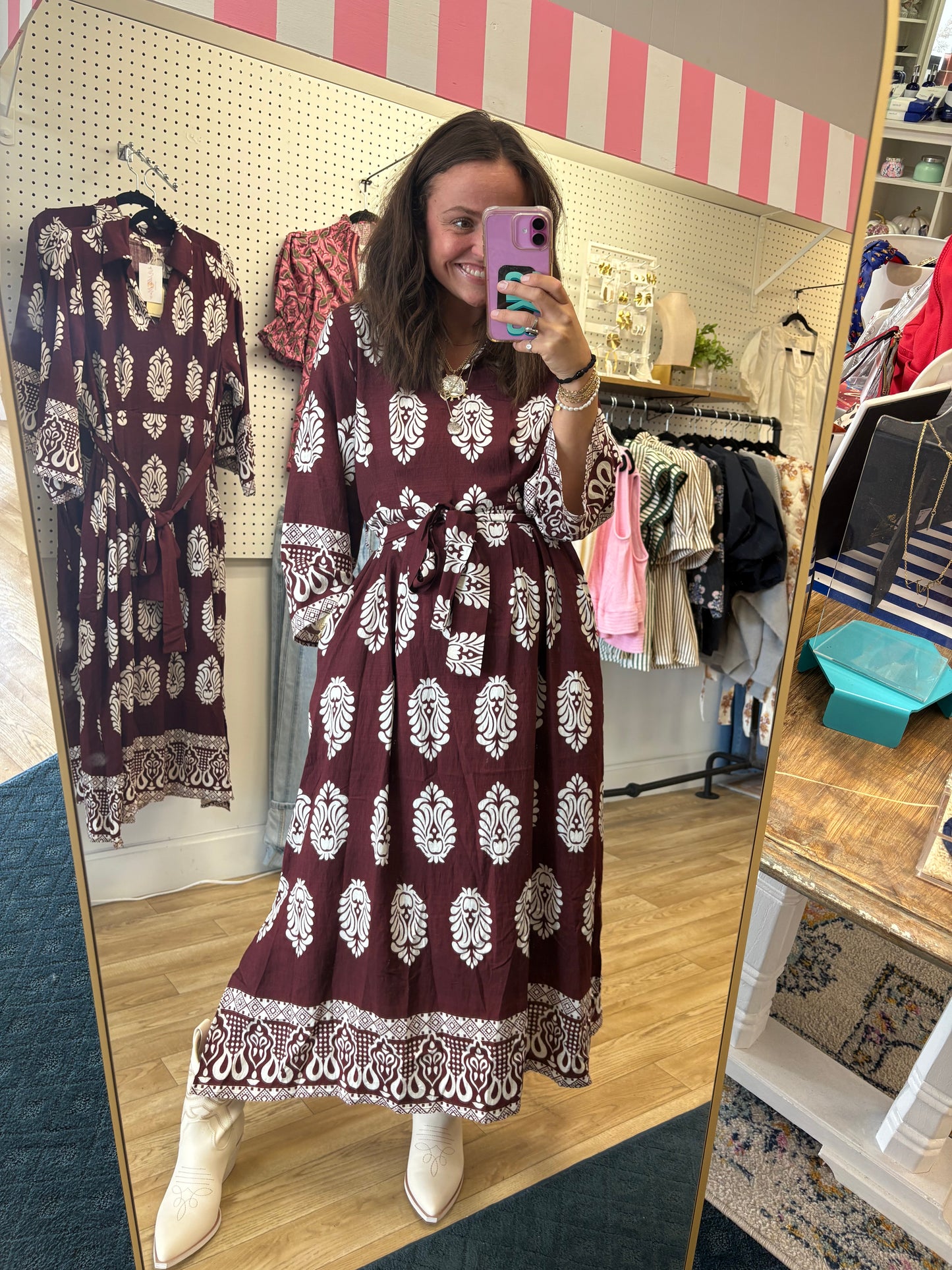 The Damask Wrap Waist Tie Midi Dress