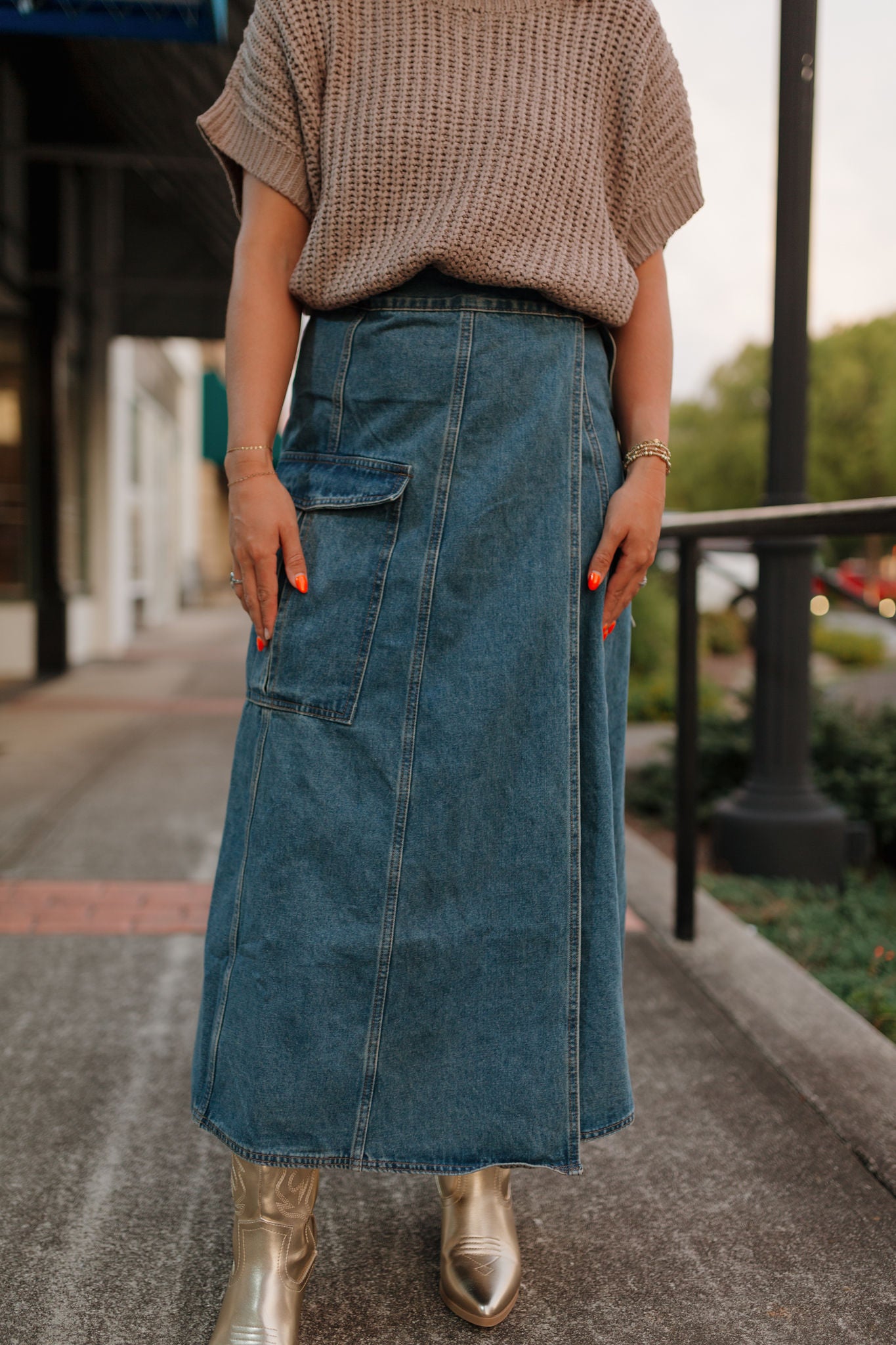 Courtney Belted Waist Cargo Denim Wrap Skirt