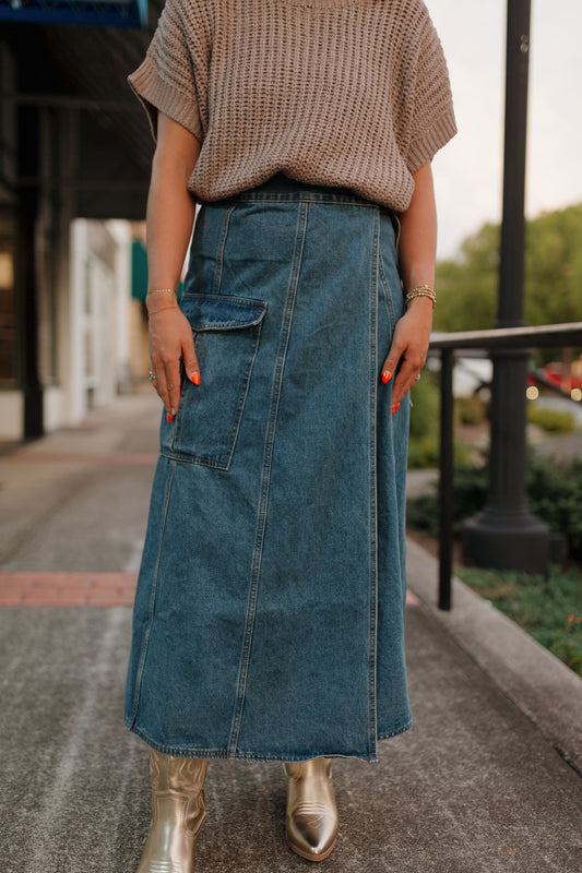 Courtney Belted Waist Cargo Denim Wrap Skirt