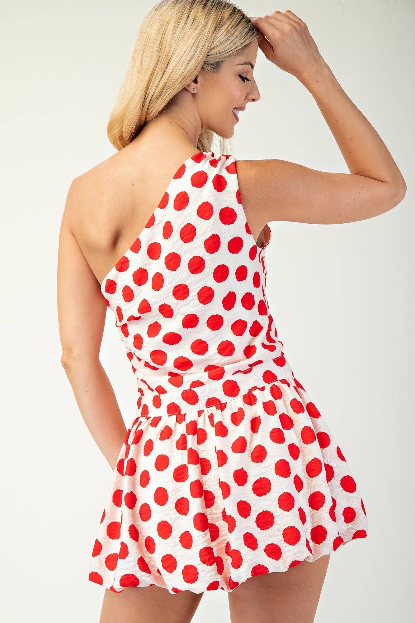 Red Hot Dots One Shoulder Romper