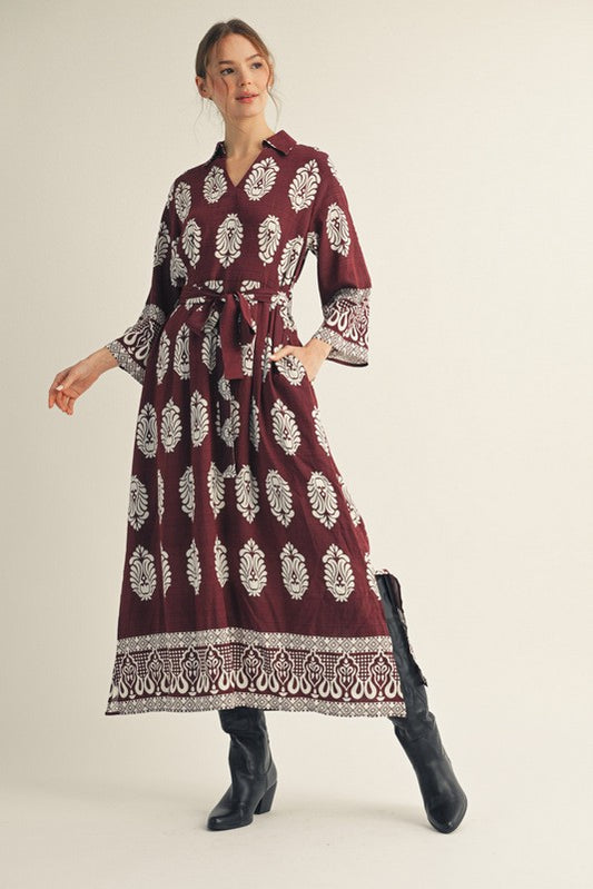 The Damask Wrap Waist Tie Midi Dress