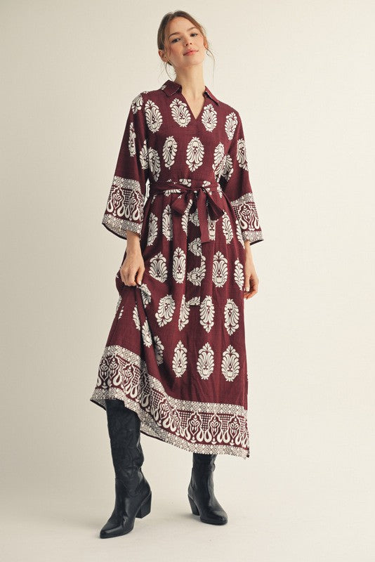 The Damask Wrap Waist Tie Midi Dress