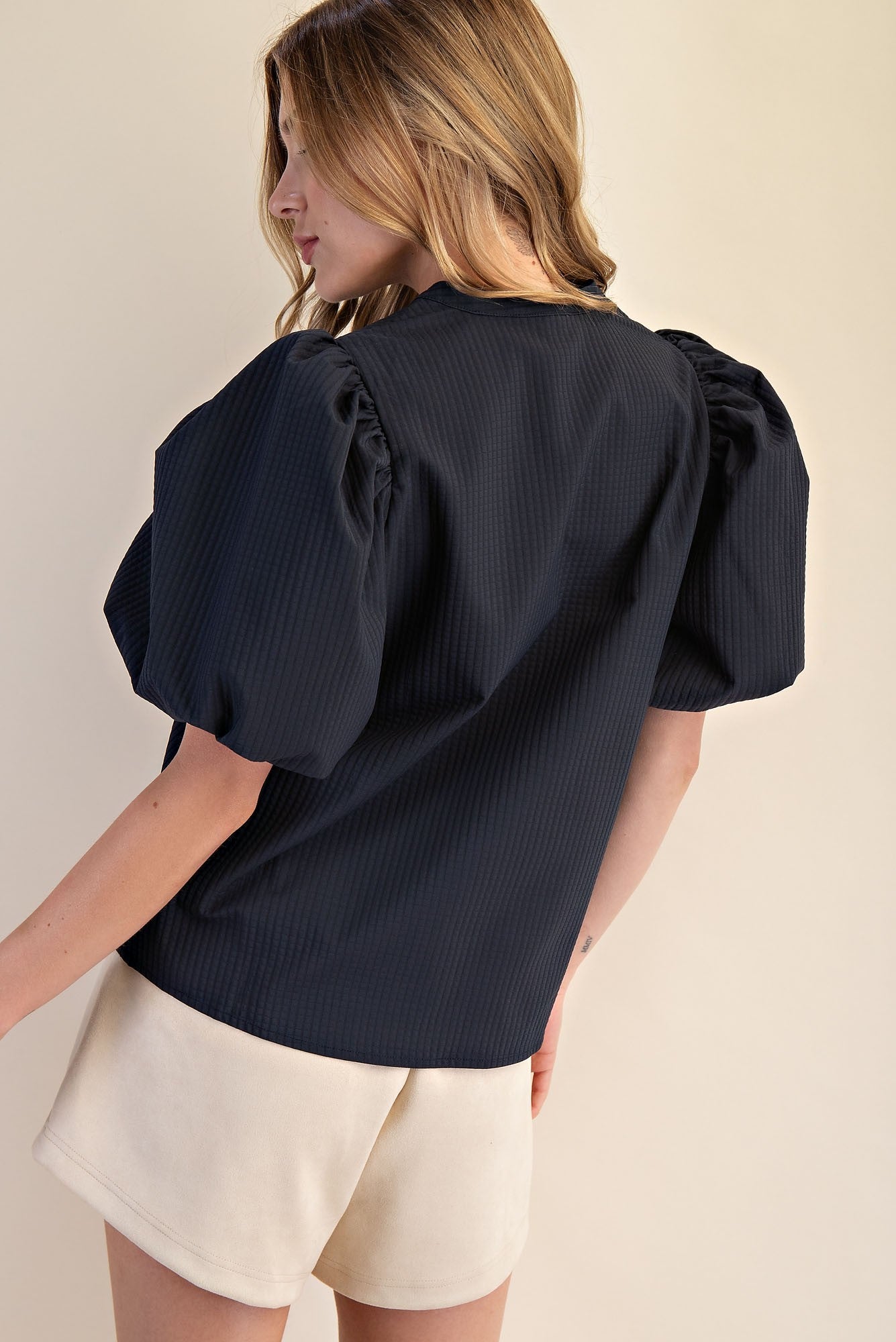 Navy Noted Puff Sleeve Top