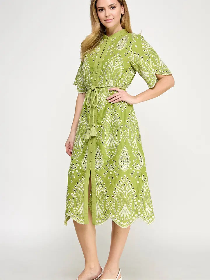 Verdant Vogue Eyelet Midi Dress
