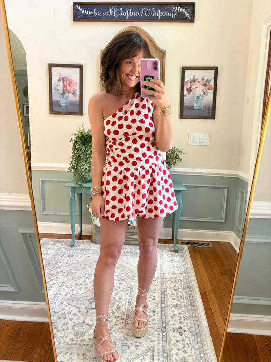 Red Hot Dots One Shoulder Romper