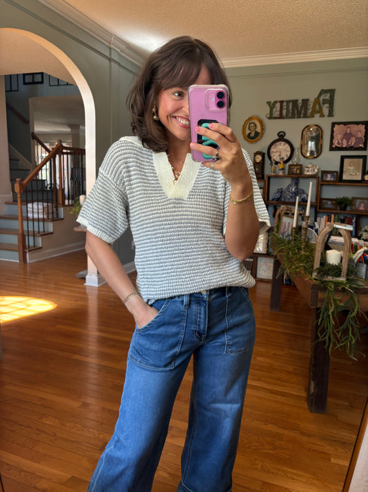 Preppy Stitch Collared Knit Top