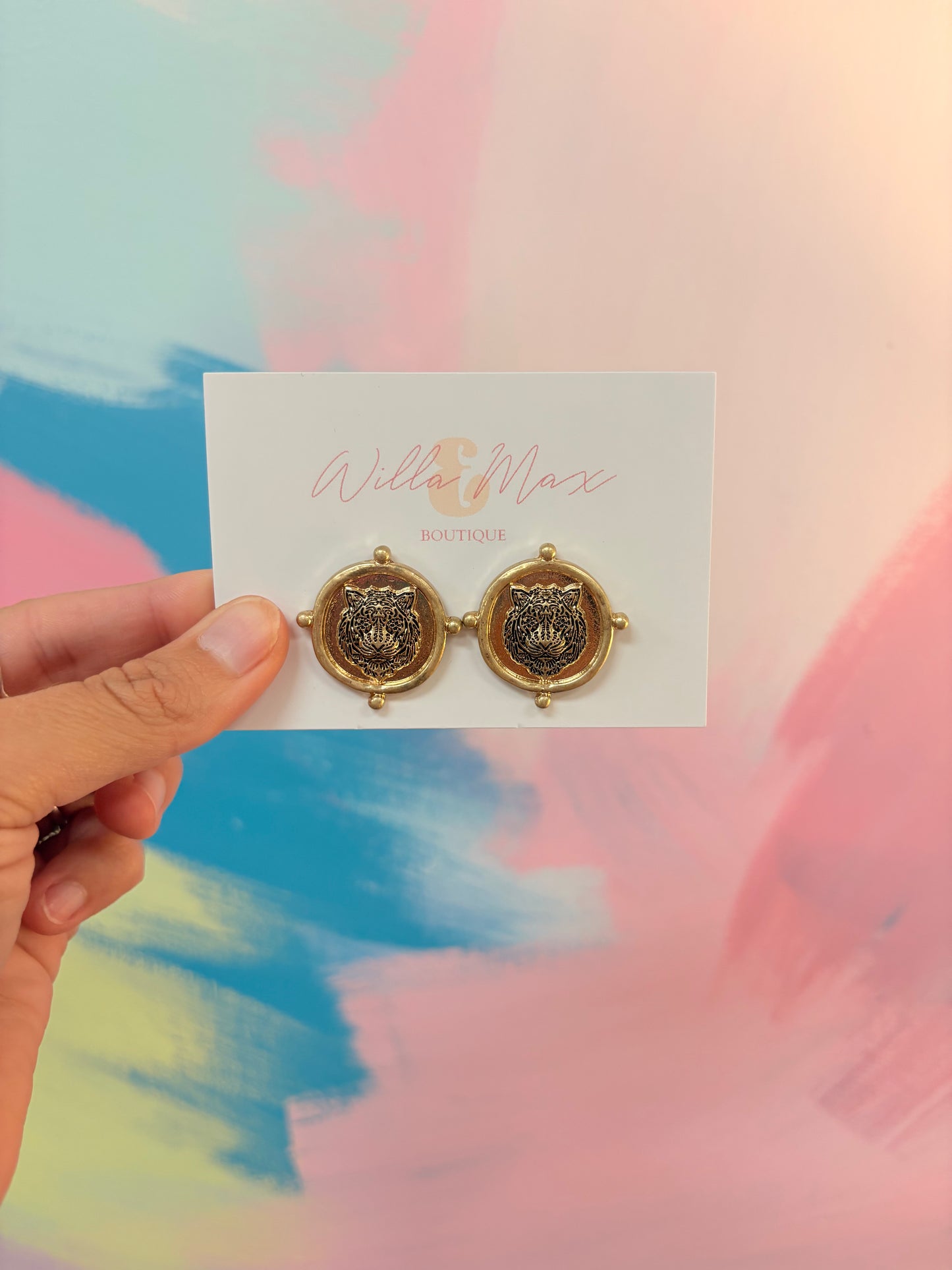 Tiger Face Hammered Coin Earrings