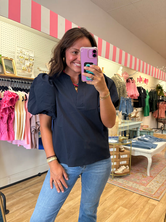 Navy Noted Puff Sleeve Top