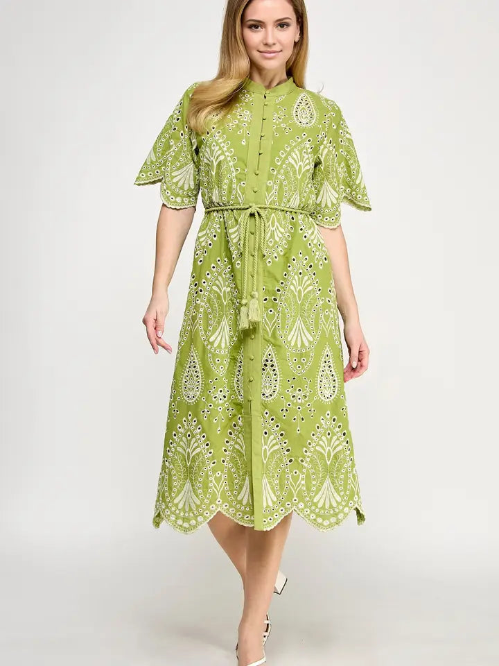 Verdant Vogue Eyelet Midi Dress